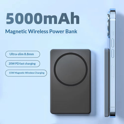 Ultra-Thin Magnetic Wireless Power Bank 5000 Mah PD20W Fast Charging Aluminum Alloy Compact Mobile Power Bank