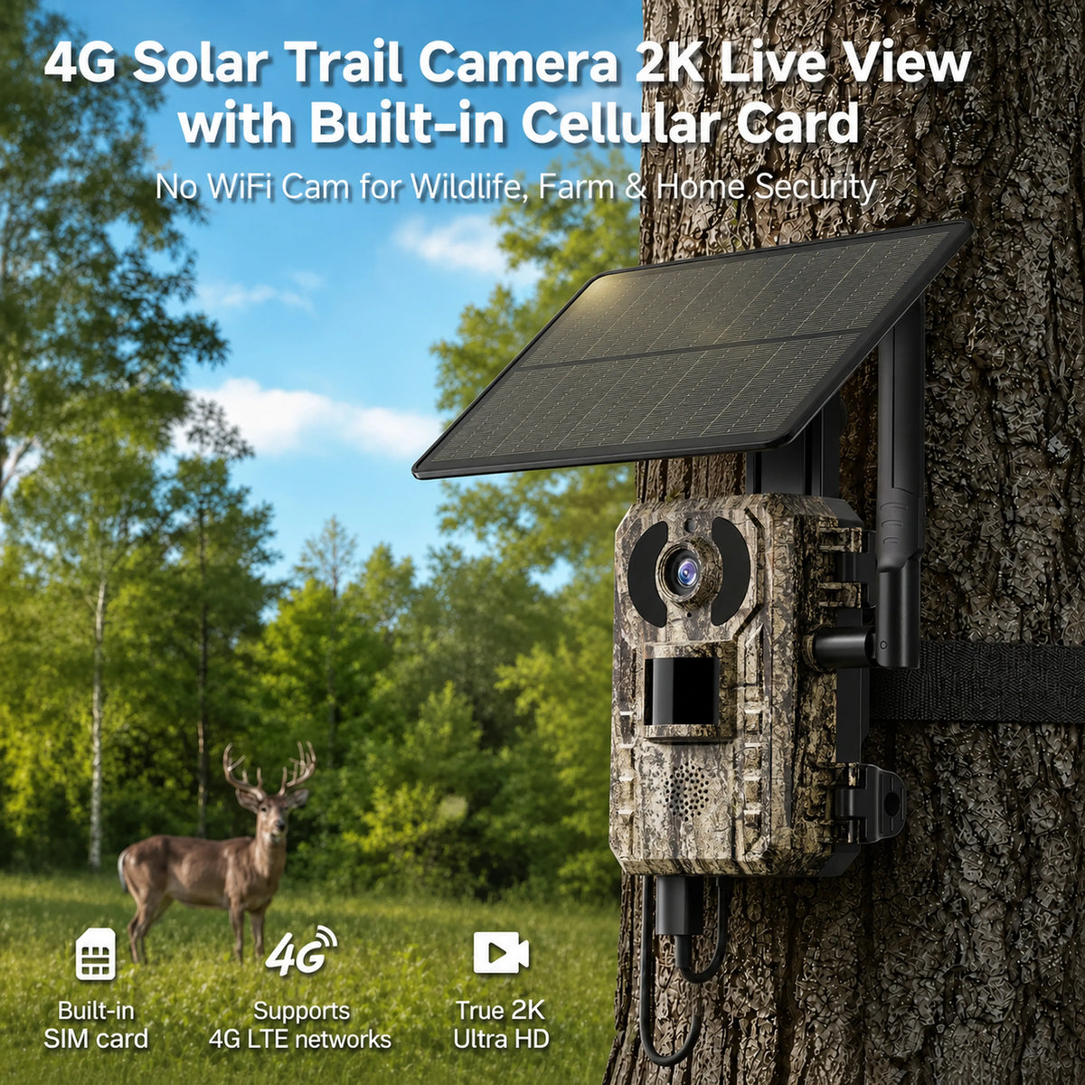 Revolutionary 4G LTE Solar-Powered Hunting Trail Camera with 2K Live Feed and Fast PIR Trigger - Ultimate Wildlife Monitoring Solution!